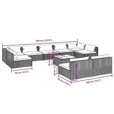 vidaXL Градински комплект с възглавници, 10 части, черен, полиратан