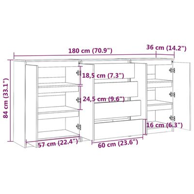 vidaXL Странични шкафове, 3 бр, бели, борова дървесина масив