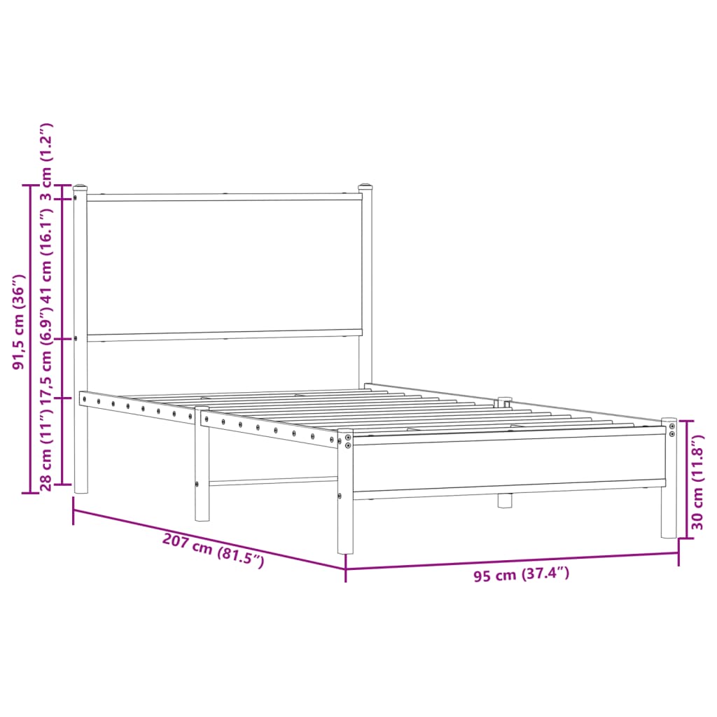 vidaXL Метална рамка за легло с горна табла, кафяв дъб, 90x200 см