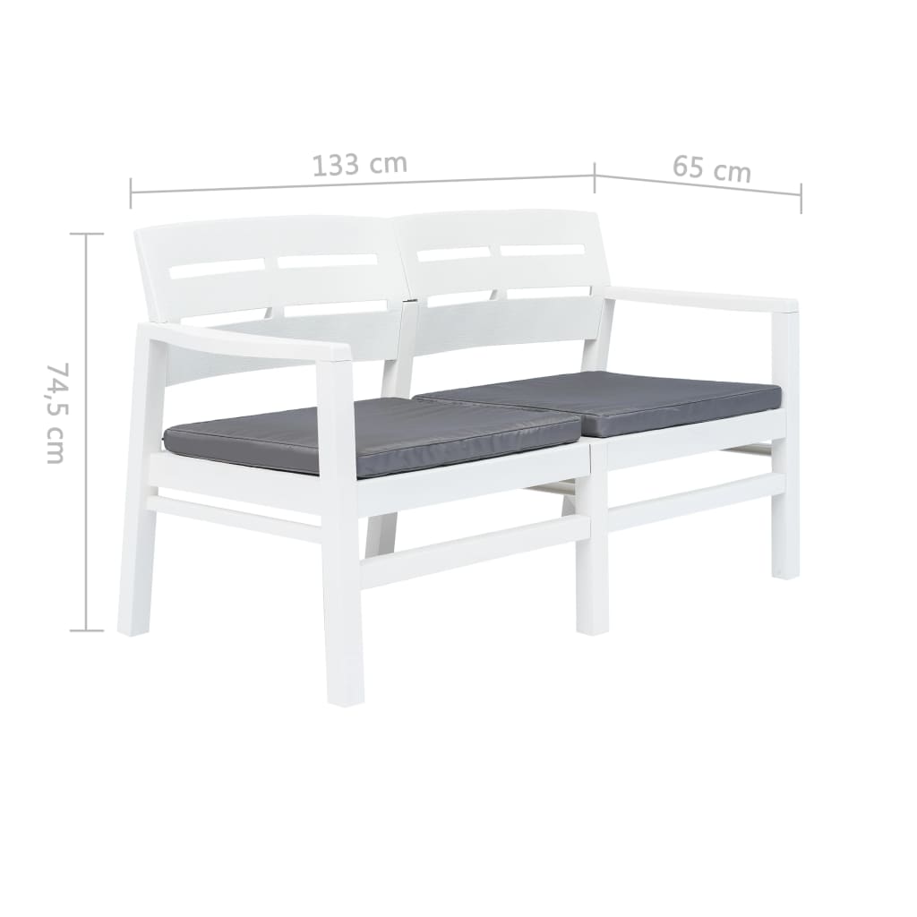 vidaXL 2-местна градинска пейка с възглавници, 133 см, пластмаса, бяла