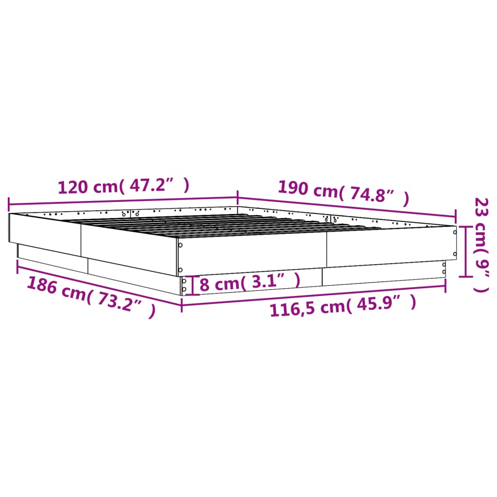 vidaXL Рамка за легло с LED осветление, бетонно сива, 120x190 см