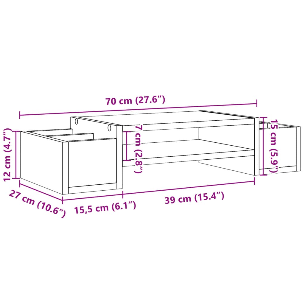 vidaXL Поставка за монитор за съхранение, опушен дъб, 70x27x15 см