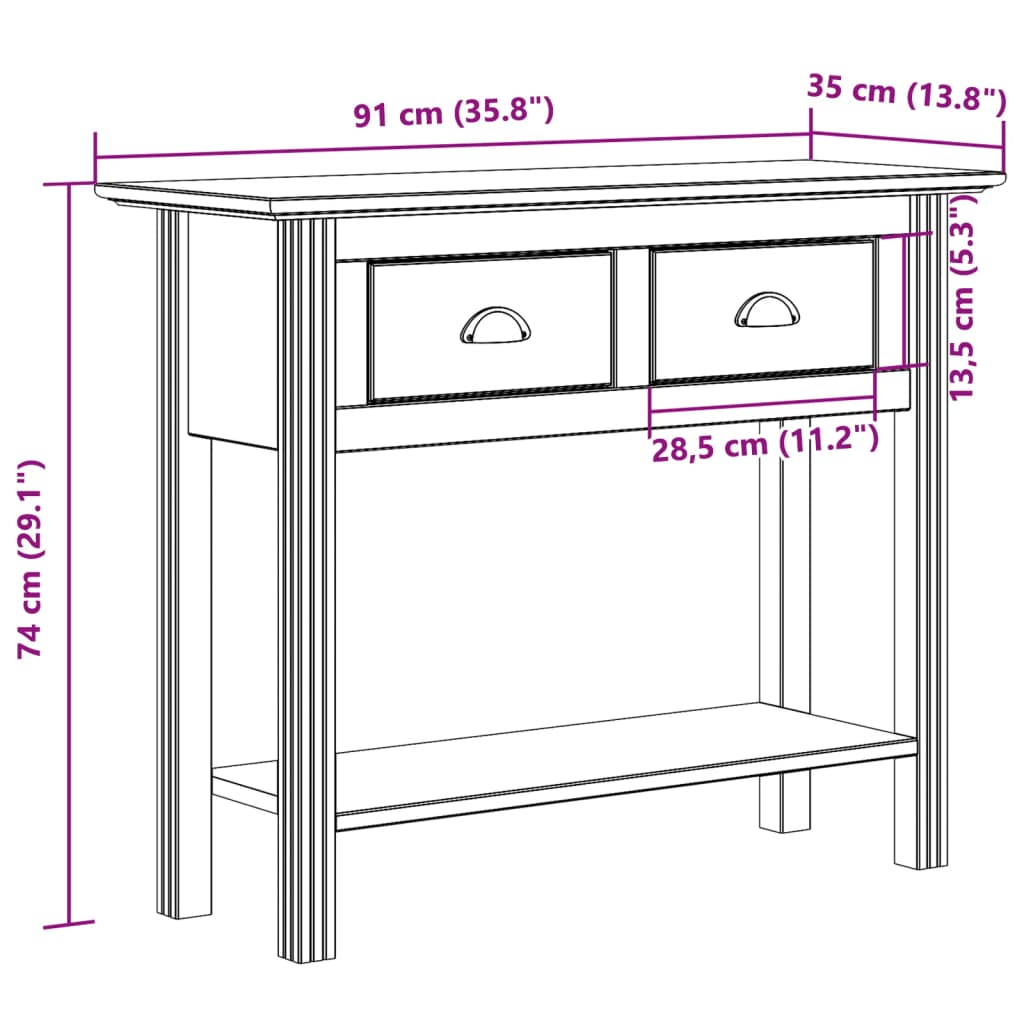 vidaXL Конзолна маса BODO кафява 91x35x74 см бор масив