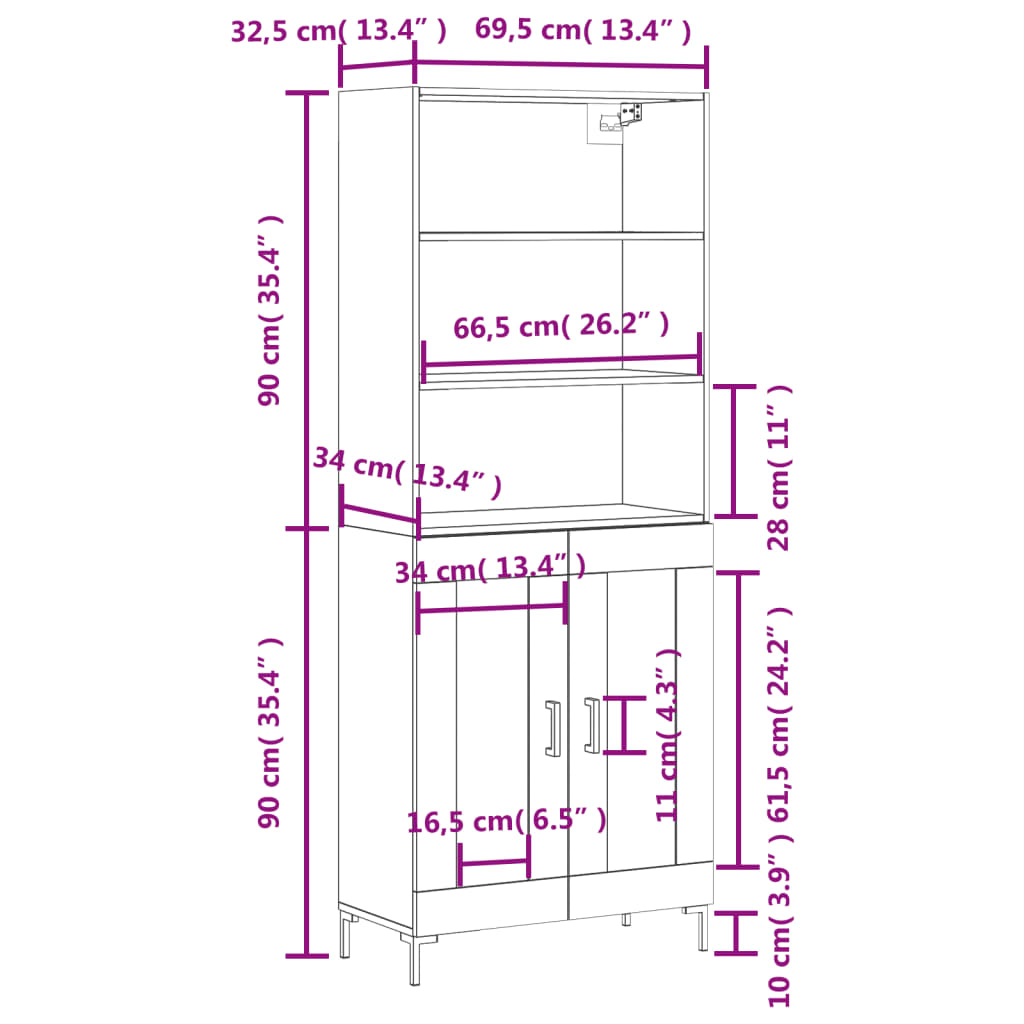 vidaXL Висок шкаф, опушен дъб, 69,5x34x180 см, инженерно дърво