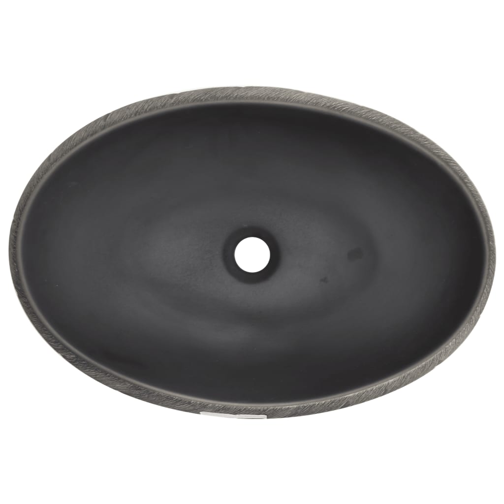 vidaXL Мивка за плот, черно и сиво, овална, 59x40x15 см, керамика