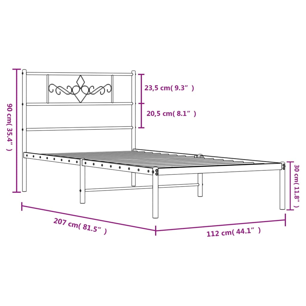 vidaXL Метална рамка за легло с горна табла, бяла, 107x203 см