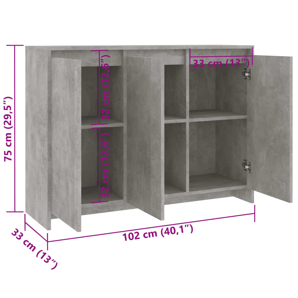 vidaXL Бюфет бетонно сив 102x33x75 см инженерно дърво