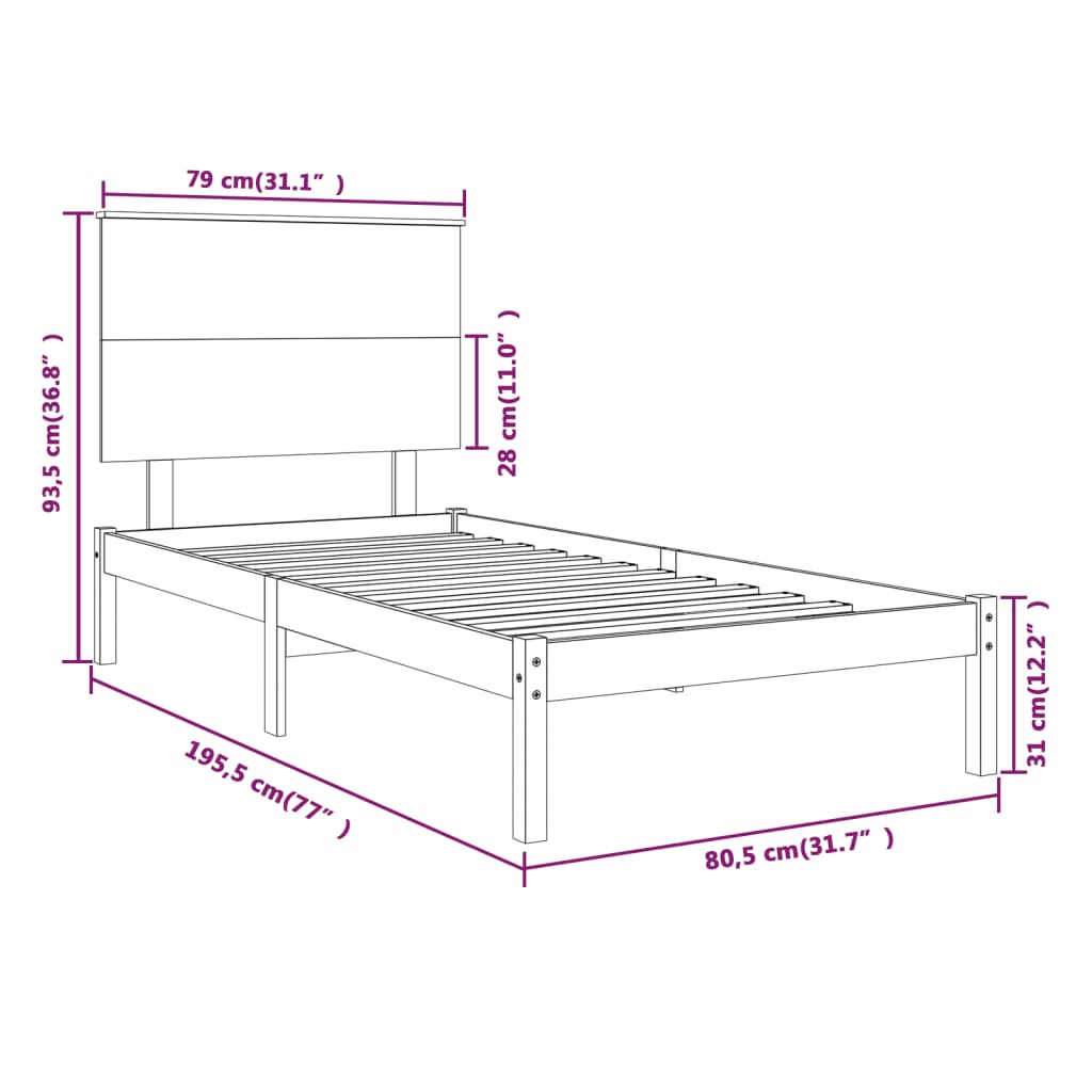 vidaXL Рамка за легло меденокафява дърво 75x190 см 2FT6 Small Single