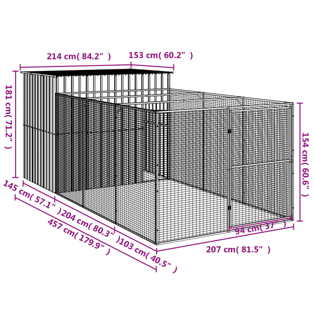 vidaXL Кучешка къща с волиера, 214x457x181 см, поцинкована стомана