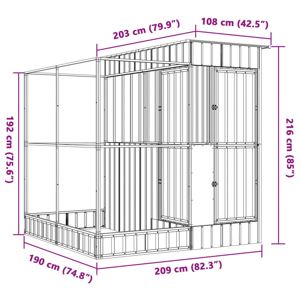 vidaXL Волиера с удължение сребриста 209x203x216 см стомана