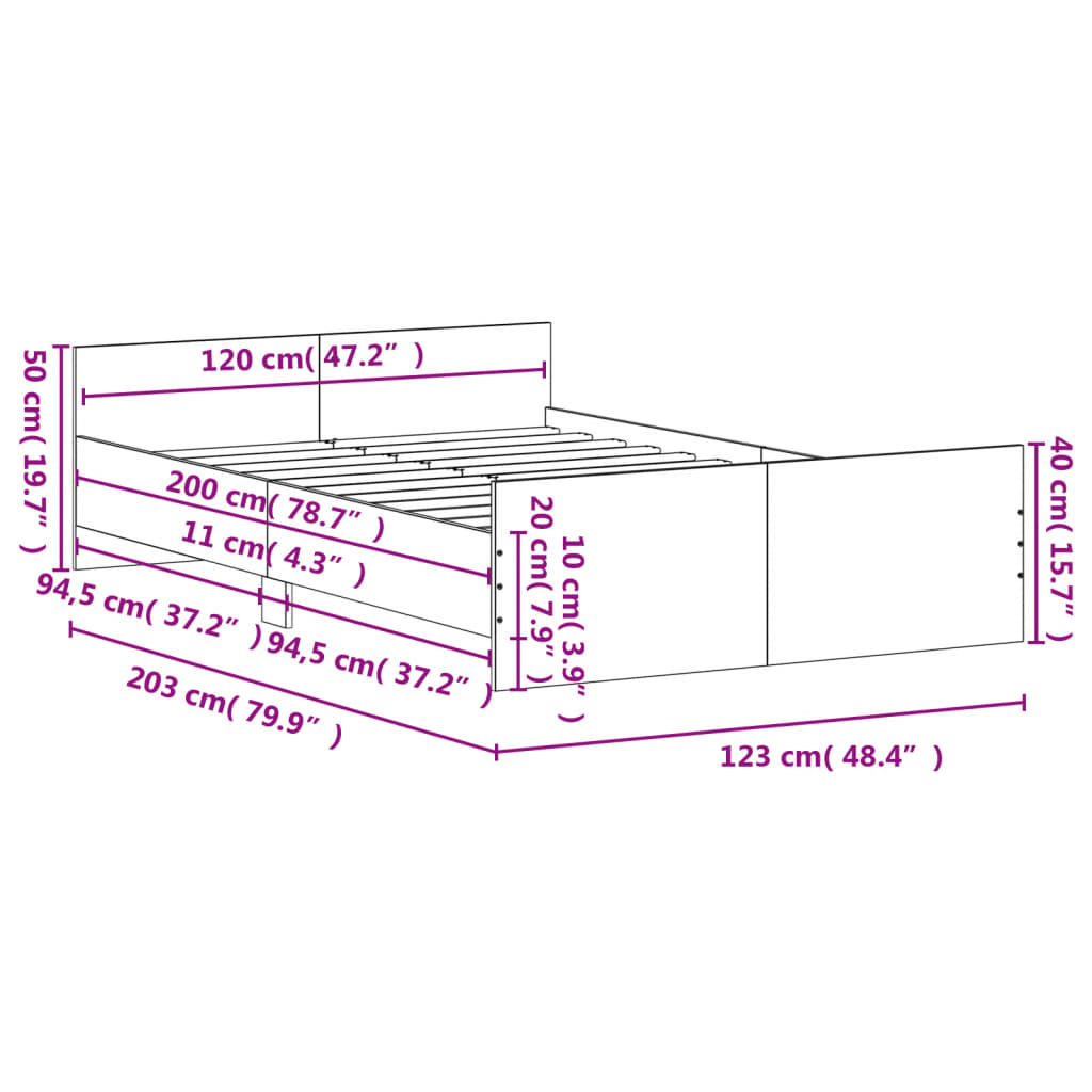 vidaXL Рамка за легло с горна и долна табла, опушен дъб, 120x200 см