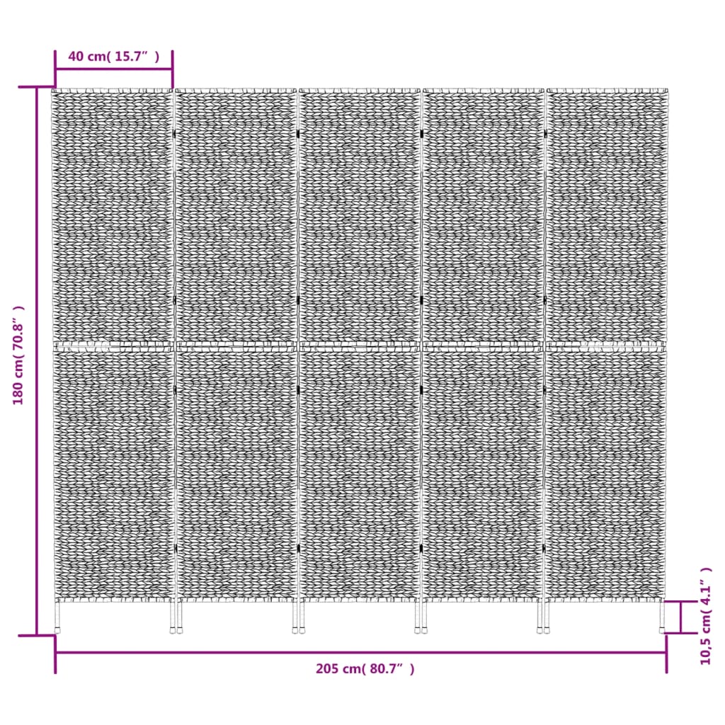 vidaXL Разделител за стая, 5 панела, кафяв, 205x180 см, воден хиацинт