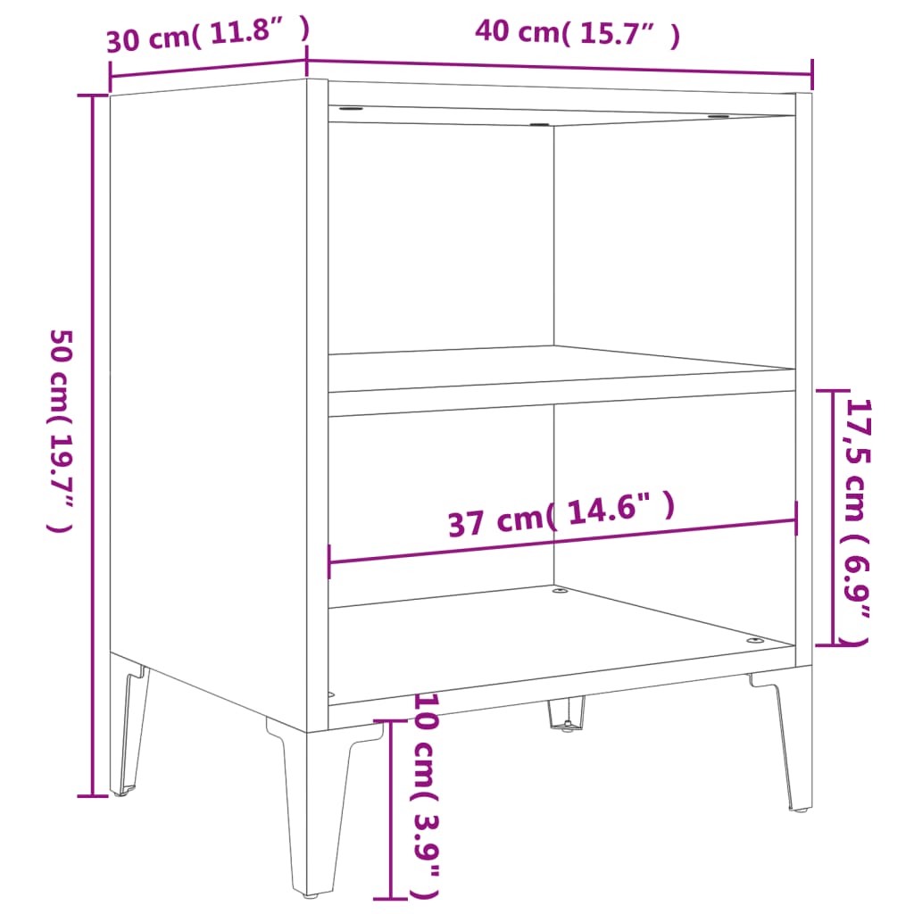 vidaXL Нощни шкафчета с метални крака, 2 бр, черен гланц, 40x30x50 см