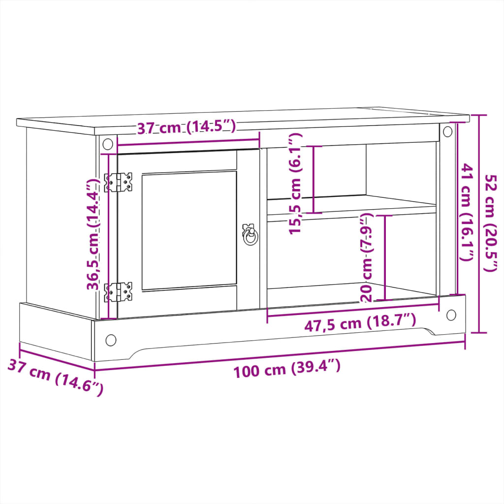 vidaXL ТВ шкаф Corona, 100x37x52 см, бор масив