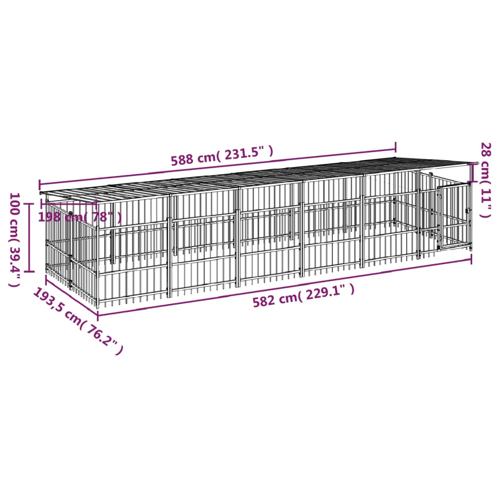 vidaXL Дворна клетка за кучета с покрив, стомана, 11,26 м²