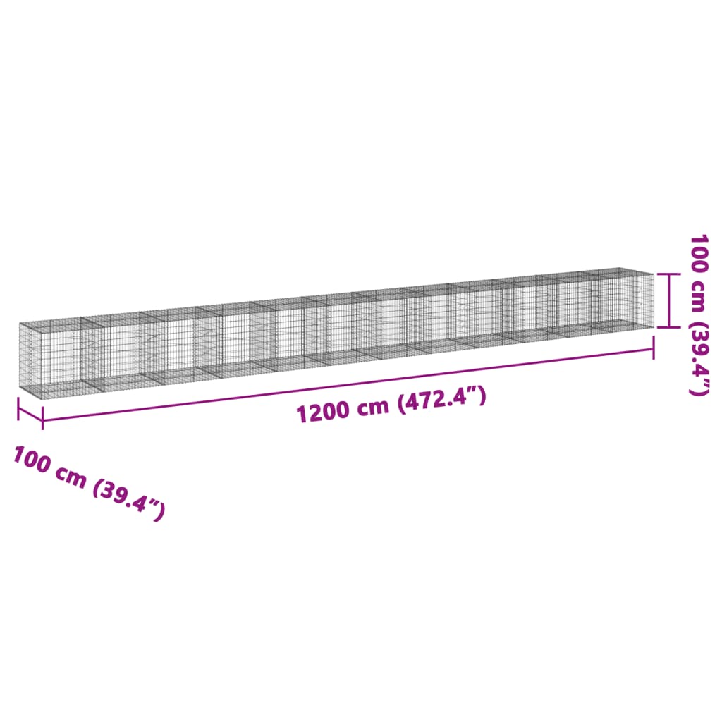 vidaXL Габионна кошница с капак, 1200x100x100 см, поцинковано желязо