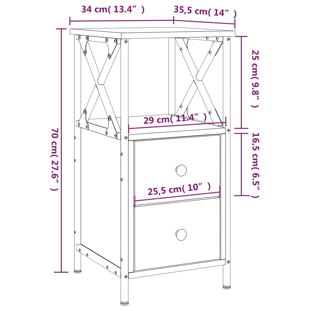 vidaXL Нощно шкафче, кафяв дъб, 34x35,5x70 см, инженерно дърво