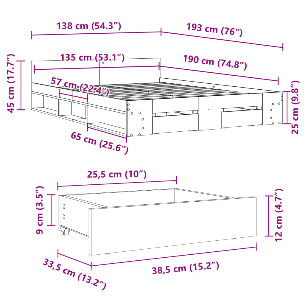 vidaXL Рамка за легло с чекмедже дъб сонома 135x190 см инженерно дърво