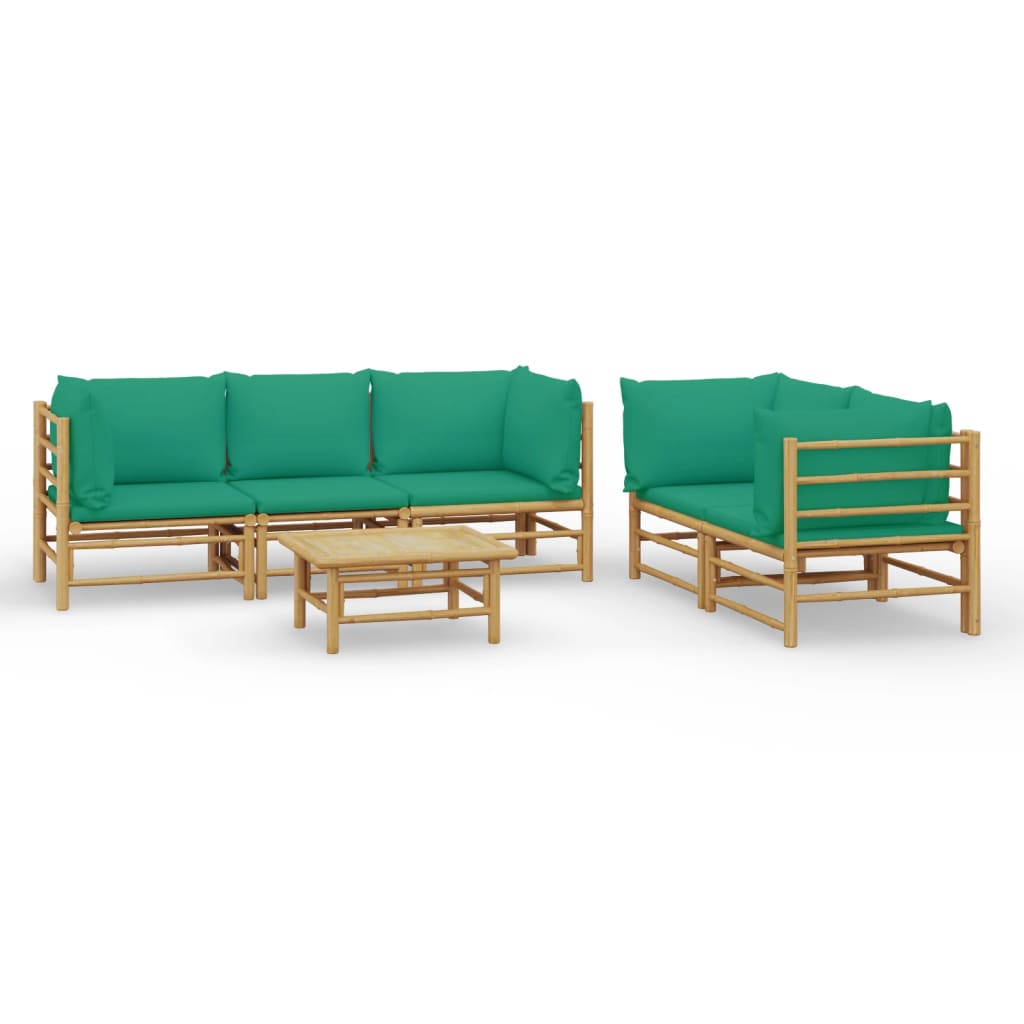 vidaXL Градински лаундж комплект, 6 части, зелени възглавници, бамбук
