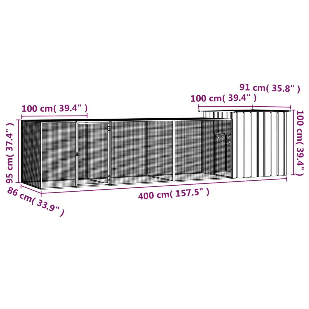 vidaXL Клетка за пилета, антрацит, 400x91x100 см, поцинкована стомана