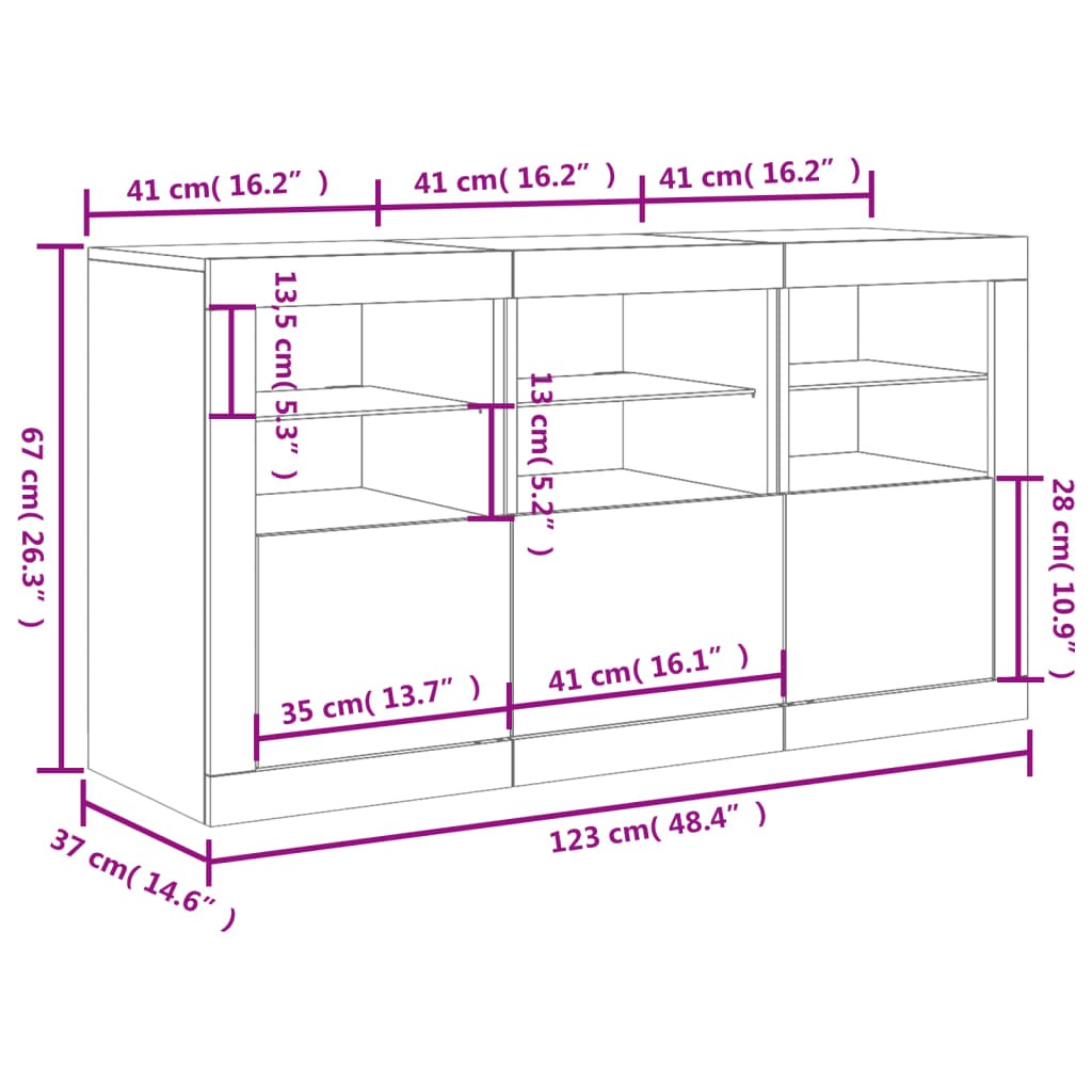 vidaXL Сайдборд с LED светлини, сонома дъб, 123x37x67 см