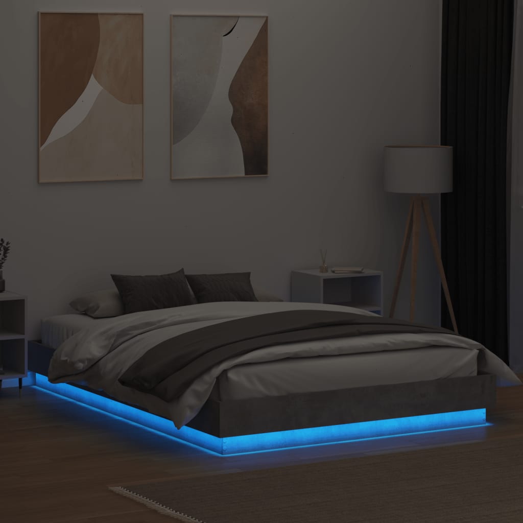 vidaXL Рамка за легло с LED осветление, бетонно сива, 140x200 см