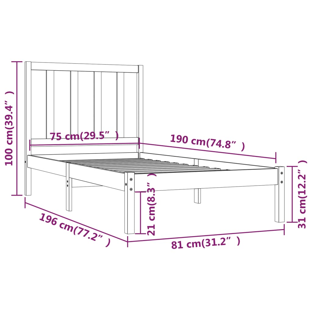 vidaXL Рамка за легло меденокафява дърво 75x190 см 2FT6 Small Single