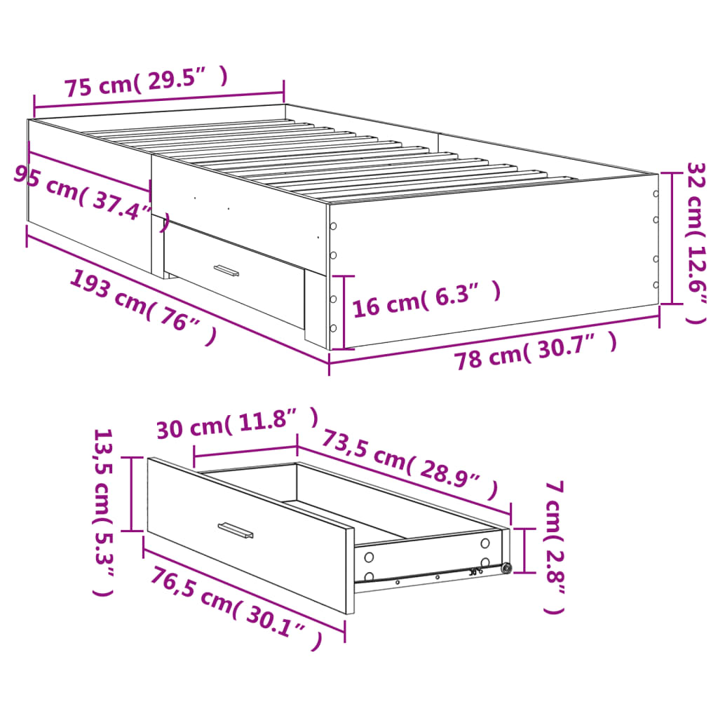 vidaXL Рамка за легло с чекмеджета дъб сонома 75x190см инженерно дърво