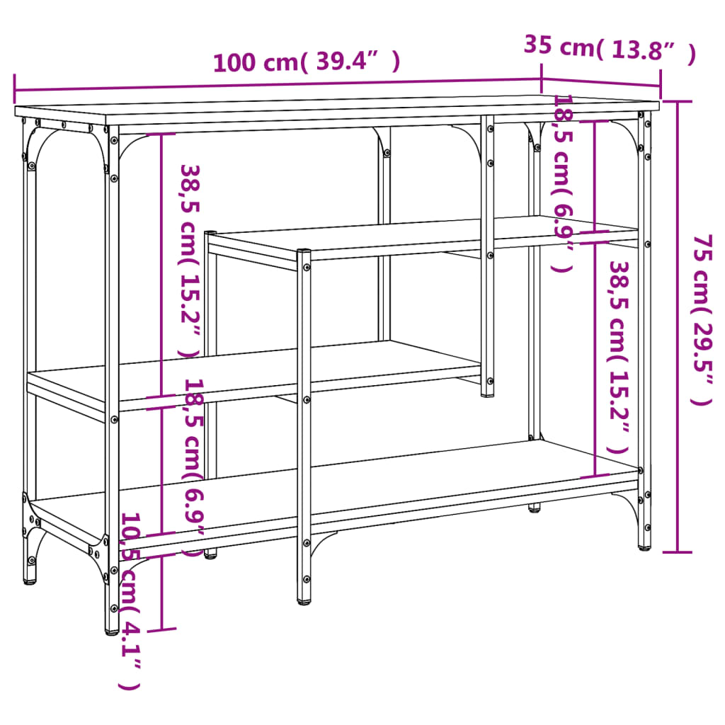 vidaXL Конзолна маса с рафтове, сив сонома, 100x35x75 cм