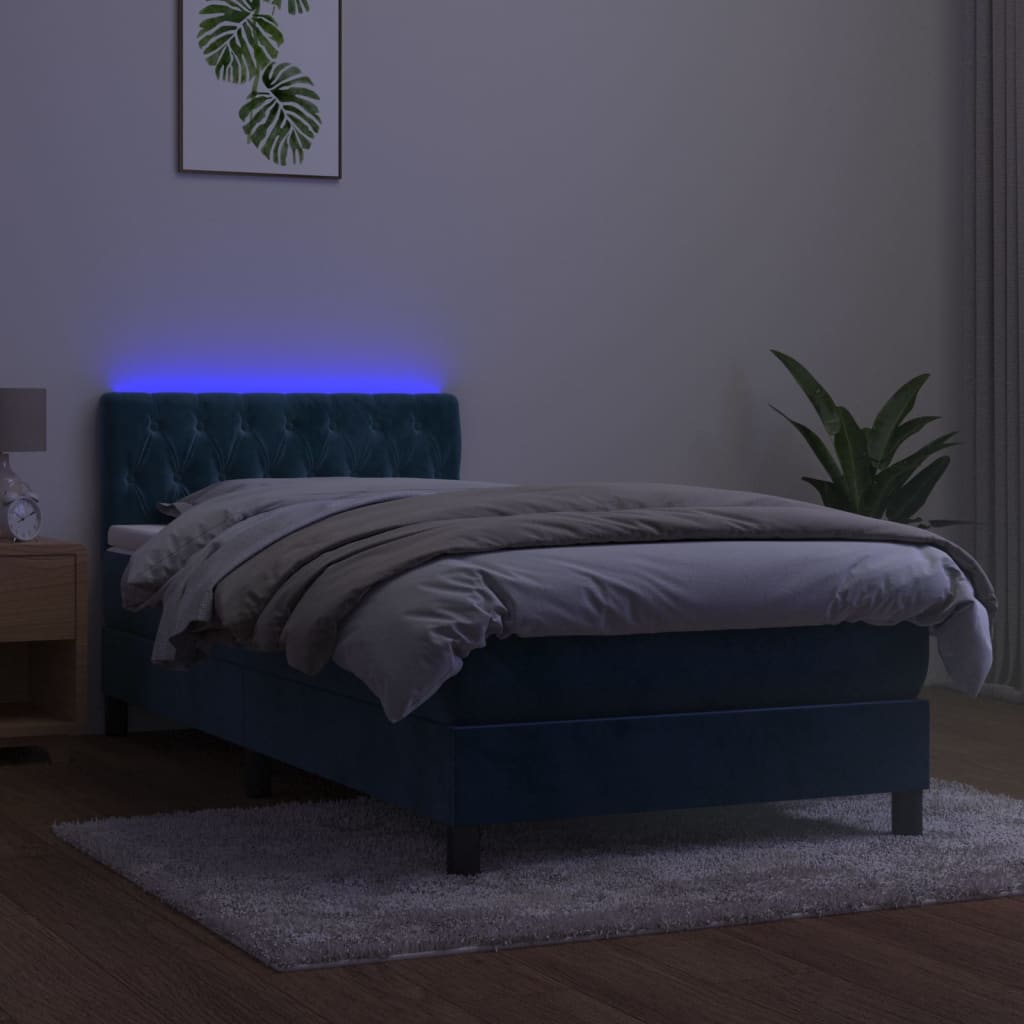 vidaXL Боксспринг легло с матрак и LED, тъмносиньо, 100x200 см, кадифе