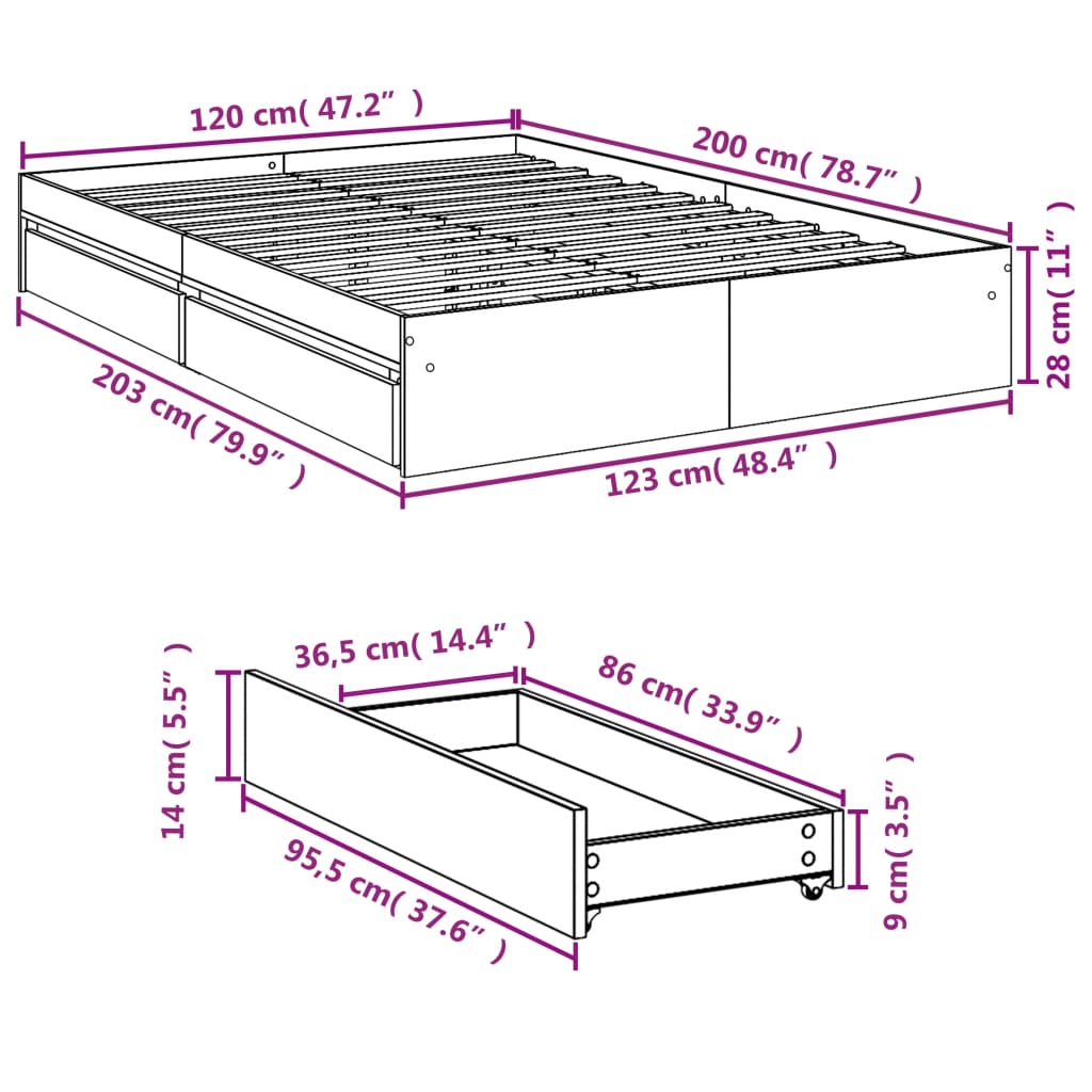 vidaXL Рамка за легло с чекмедже сив сонома 120x200 см инженерно дърво