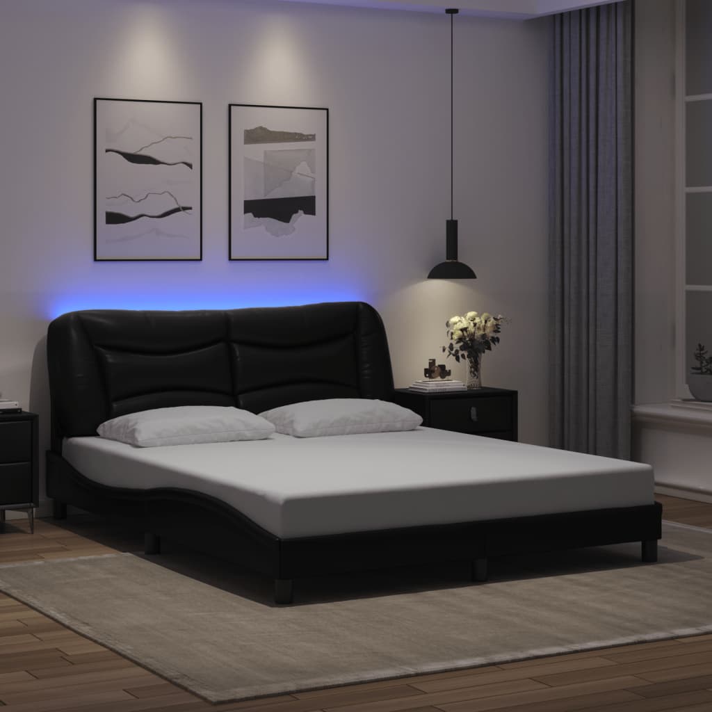 vidaXL Рамка за легло с LED осветление, черна, 160x200 cм, еко кожа