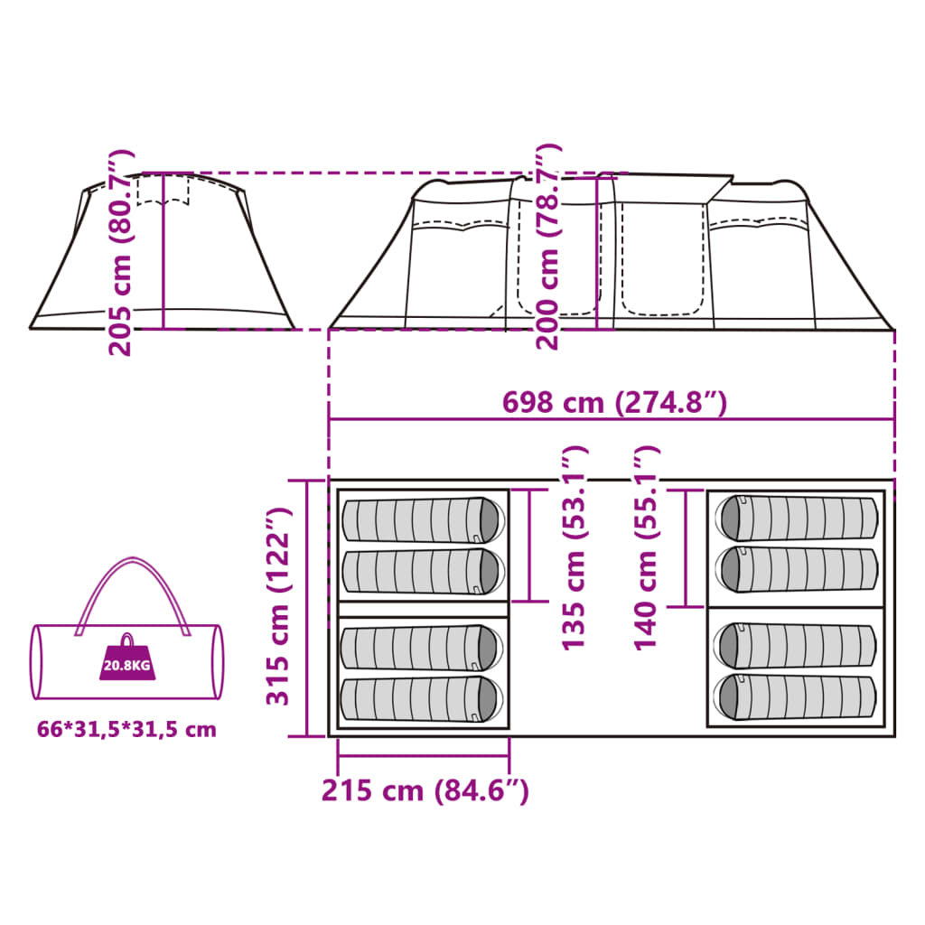 vidaXL Семейна палатка тунелна 8 местна сиво-оранжева водоустойчива
