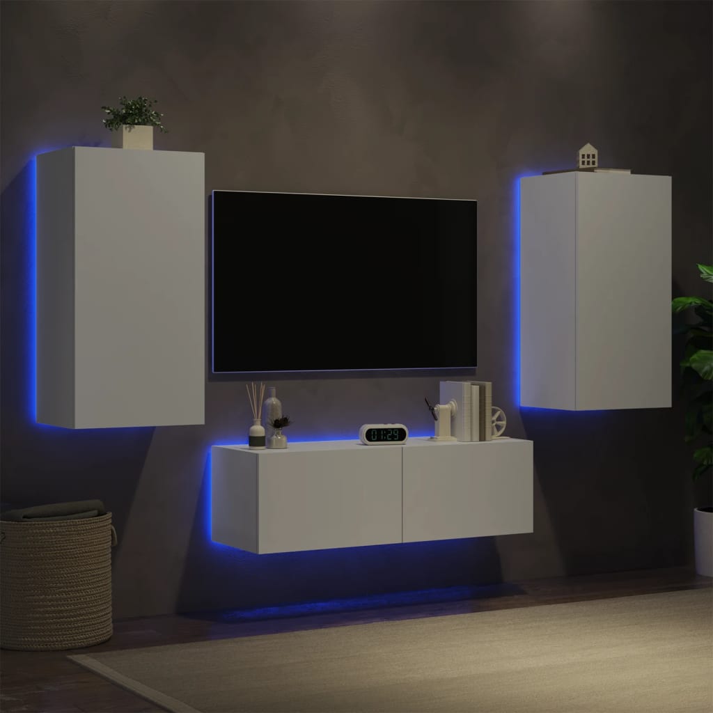 vidaXL ТВ стенни шкафове, 3 части, с LED светлини, бели