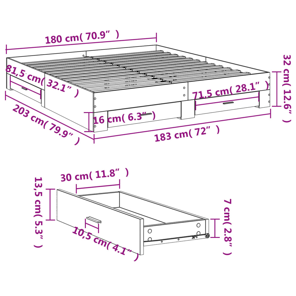 vidaXL Рамка за легло с чекмедже дъб сонома 180x200 см инженерно дърво