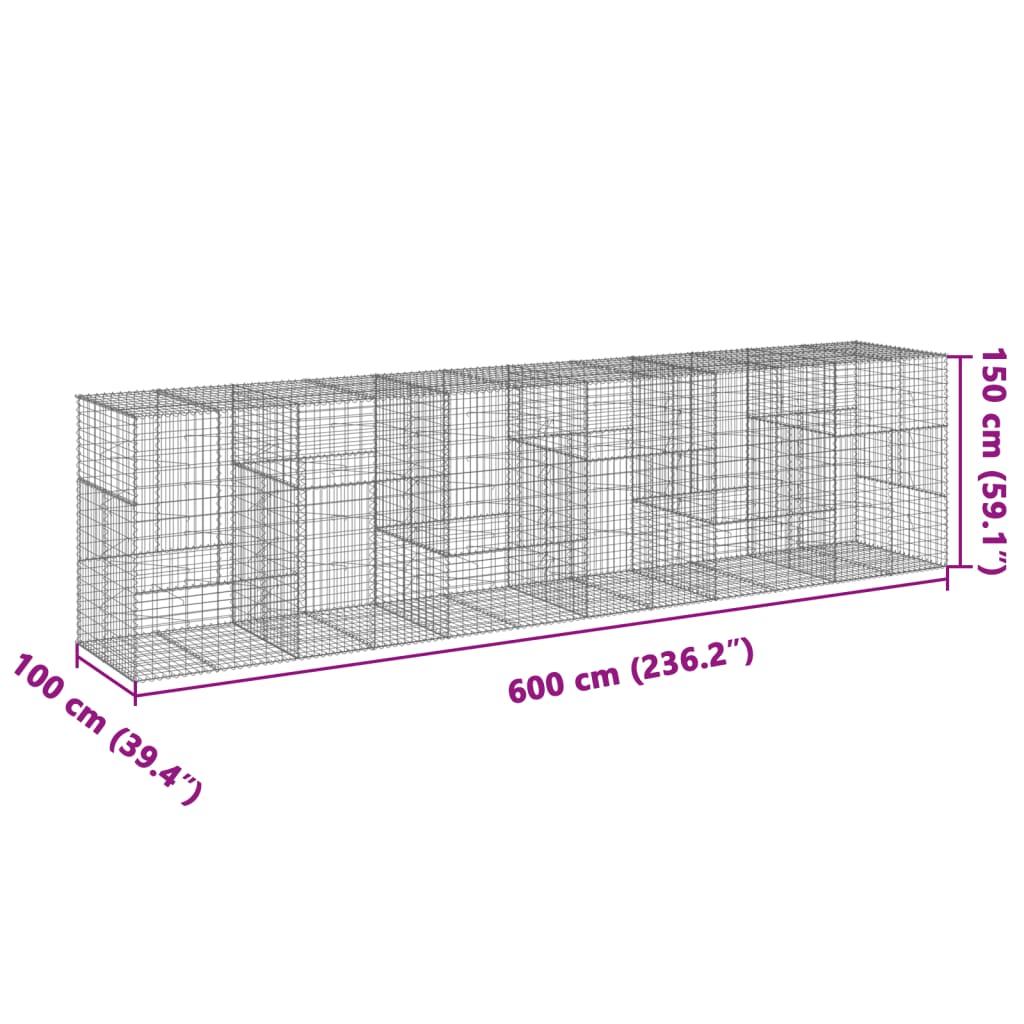 vidaXL Габионна кошница с покритие, 600x100x150 см, поцинковано желязо