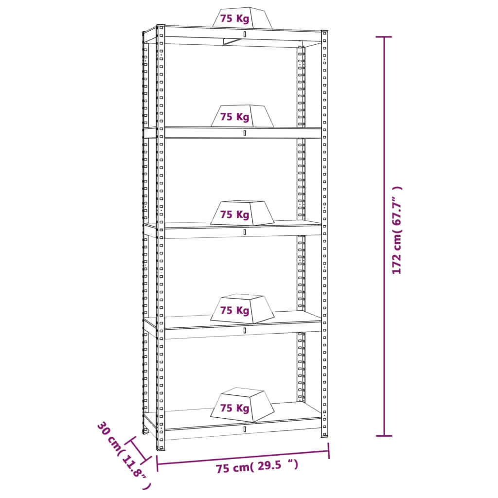 vidaXL Стелажи с 5 рафта, 3 бр, сребристи, стомана и инженерно дърво