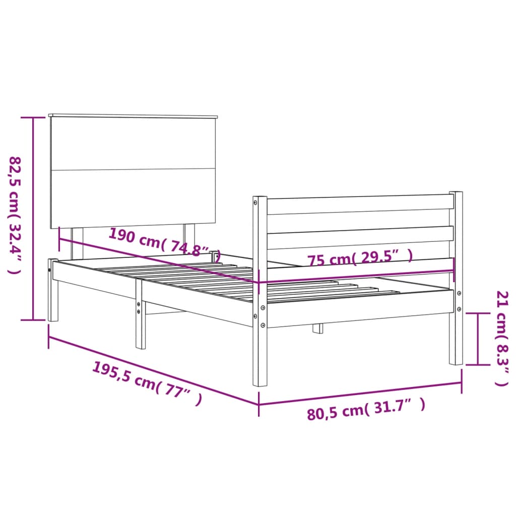 vidaXL Рамка за легло с табла бяла 2FT6 Small Single дърво масив