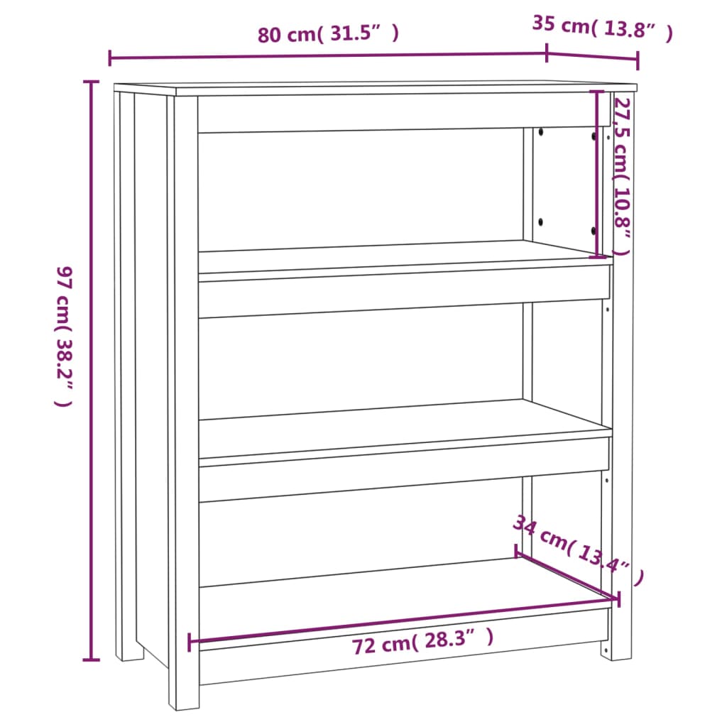 vidaXL Библиотека, 80x35x97 см, борово дърво масив