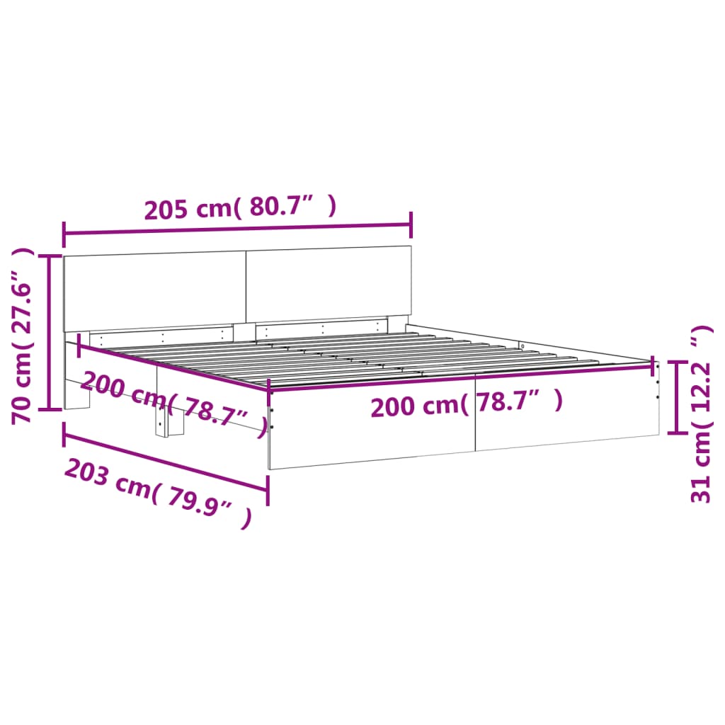 vidaXL Рамка за легло с табла и LED, сив сонома, 200x200 см