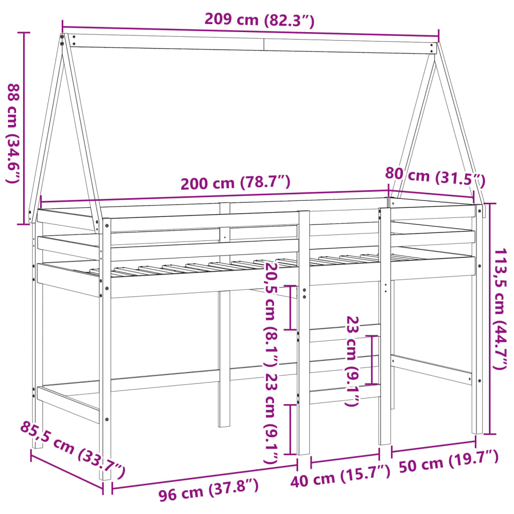 vidaXL Таванско легло със стълба и покрив, бяло, 80x200 см, бор масив