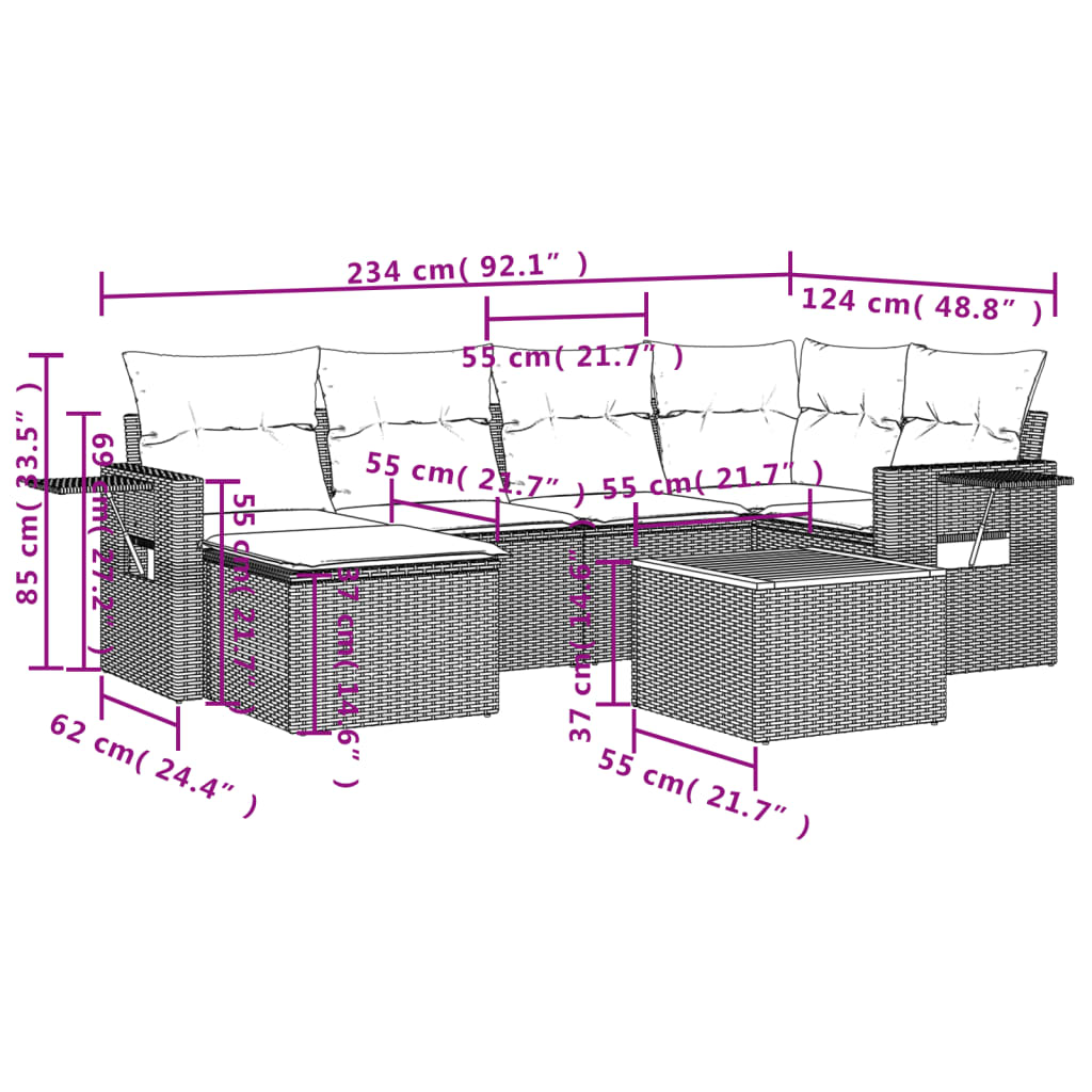 vidaXL Градински диван с възглавници, 7 части, бежов полиратан