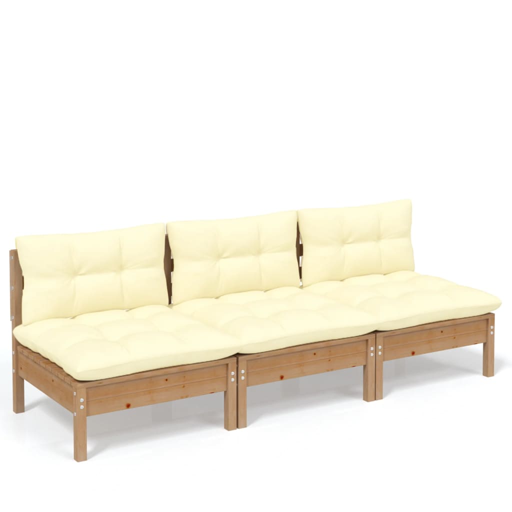 vidaXL 3-местен градински диван с кремави възглавници, бор масив