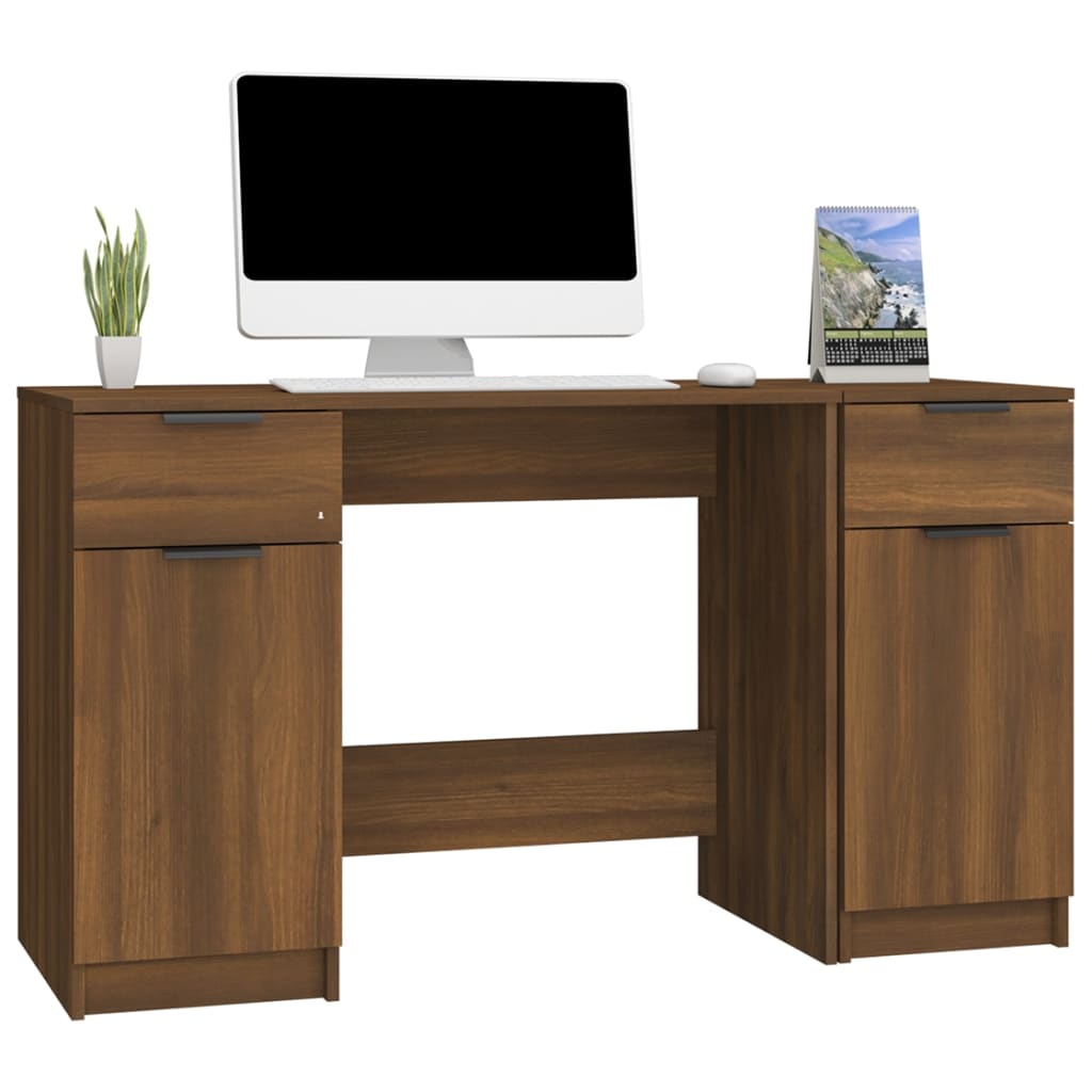 vidaXL Бюро със страничен шкаф,Кафяв дъб, инженерна дървесина