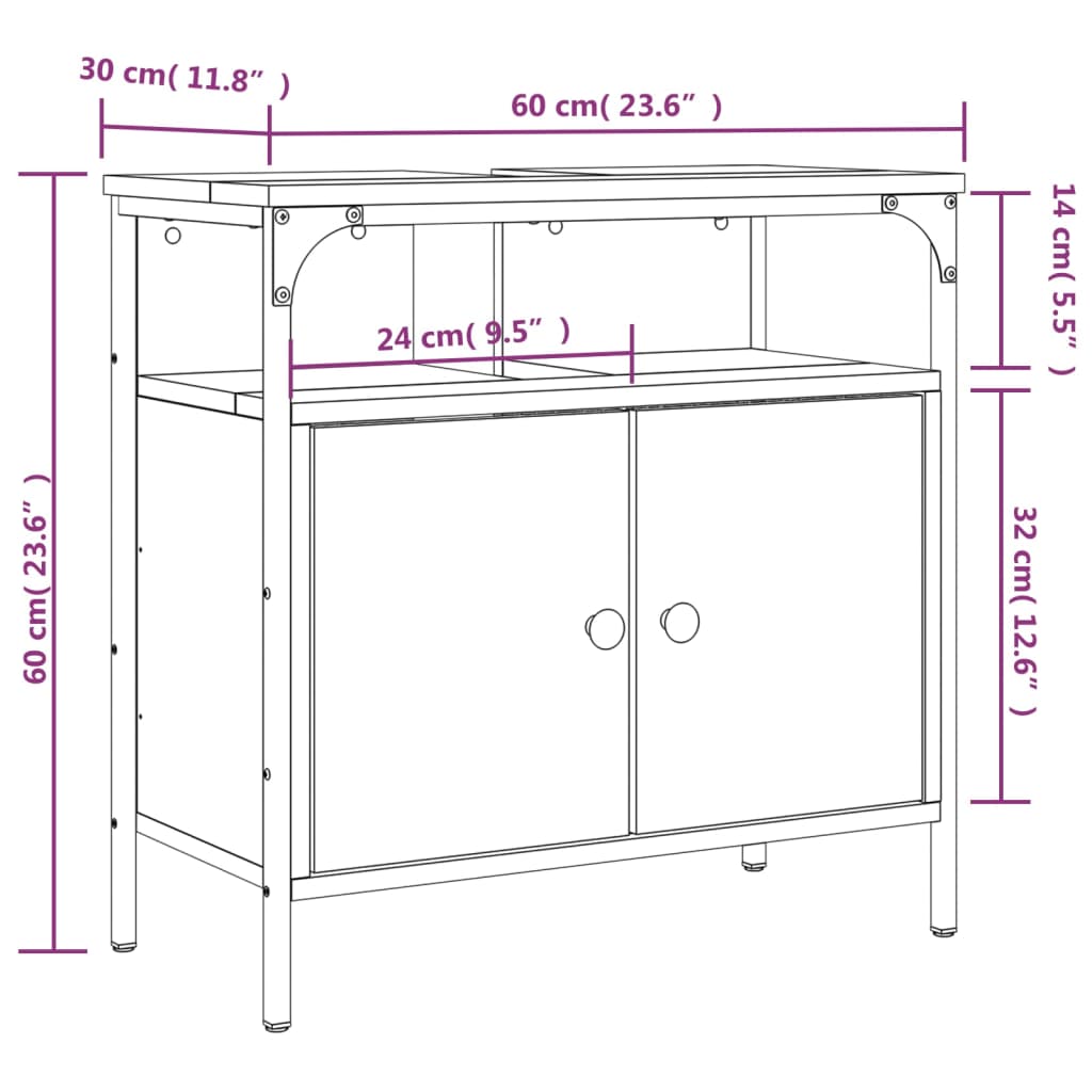 vidaXL Шкаф за мивка за баня, опушен дъб, 60x30x60 см, инженерно дърво