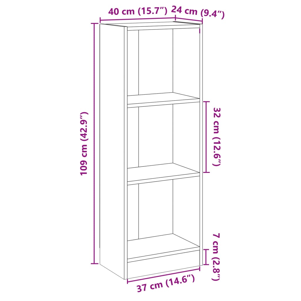 vidaXL 3-етажна библиотека, бял гланц, 40x24x109 см, инженерно дърво