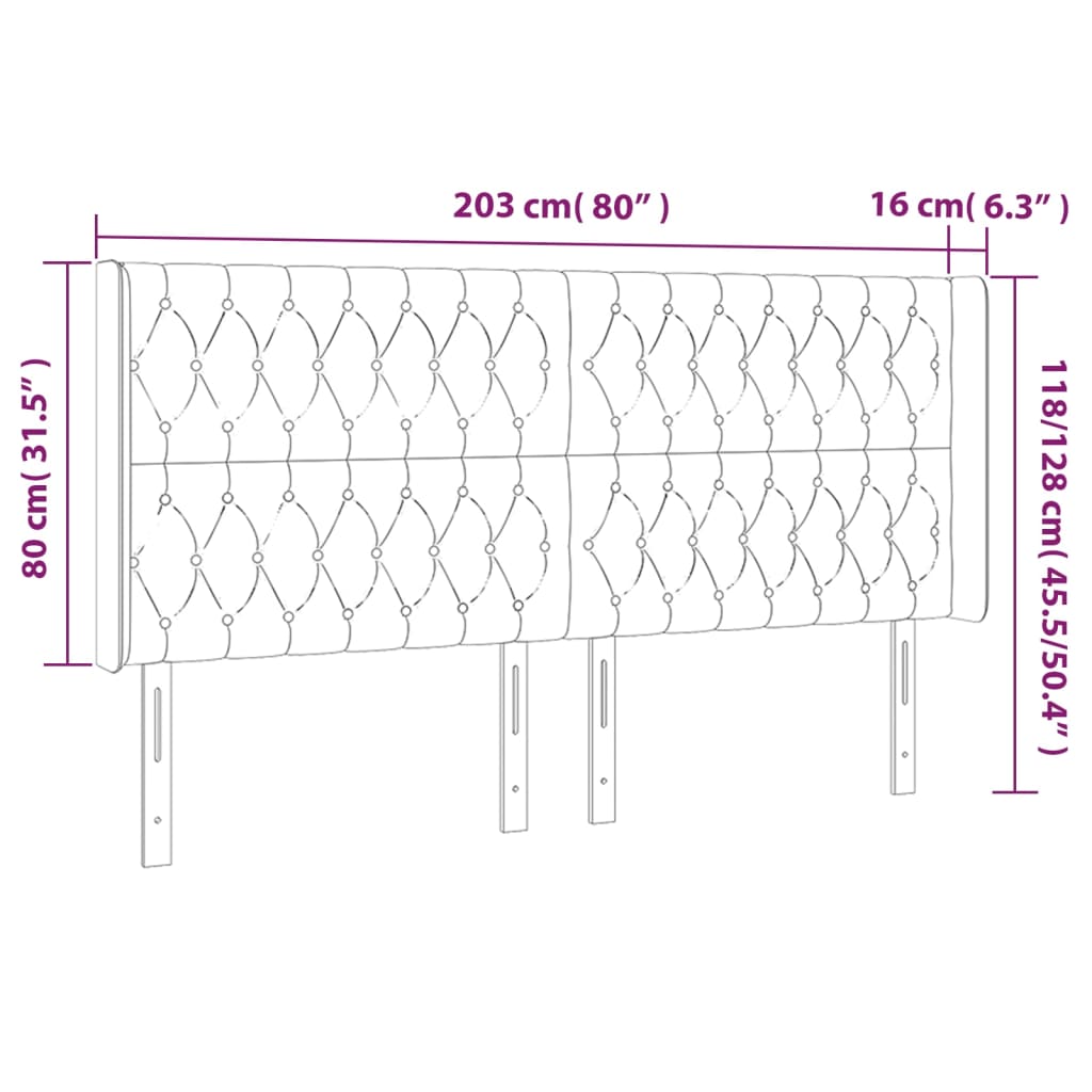 vidaXL LED горна табла за легло, светлосива, 203x16x118/128 см, кадифе