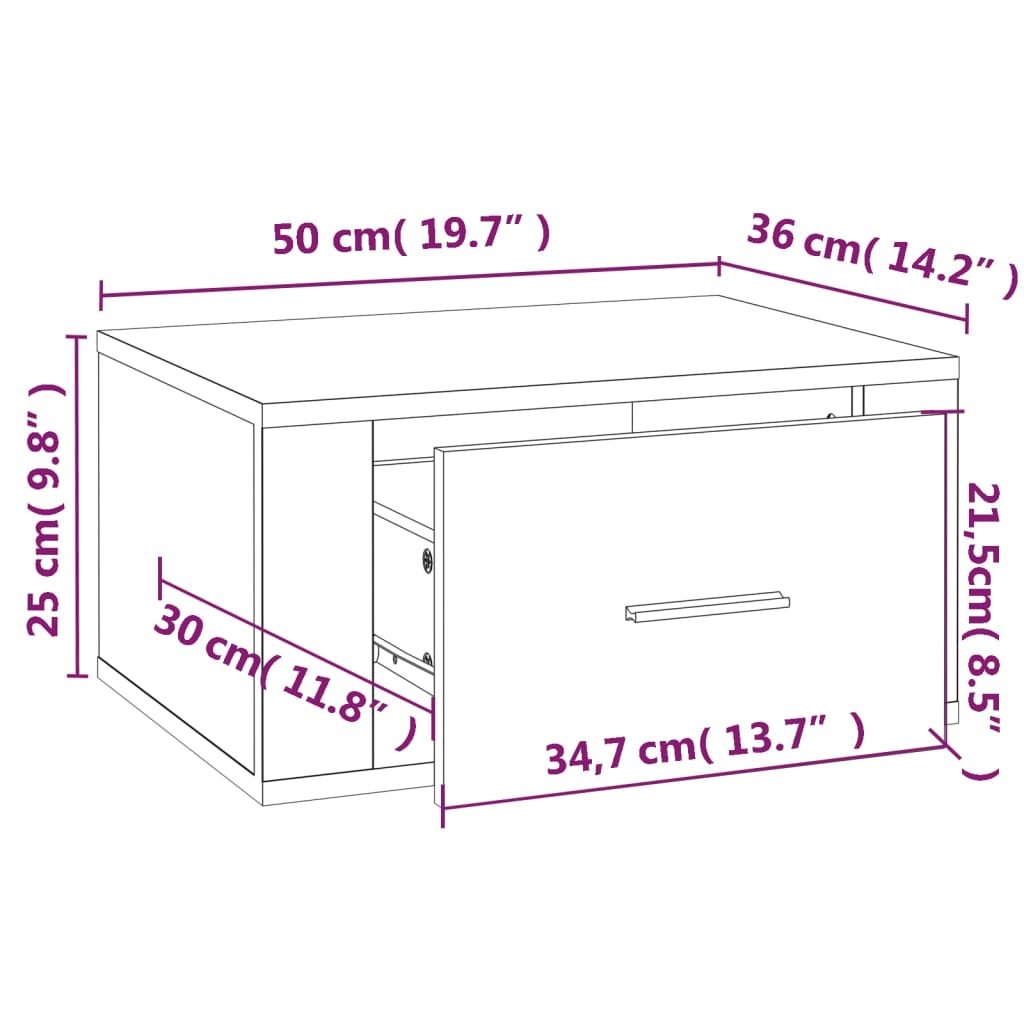 vidaXL Нощно шкафче за стенен монтаж, кафяв дъб, 50x36x25 см