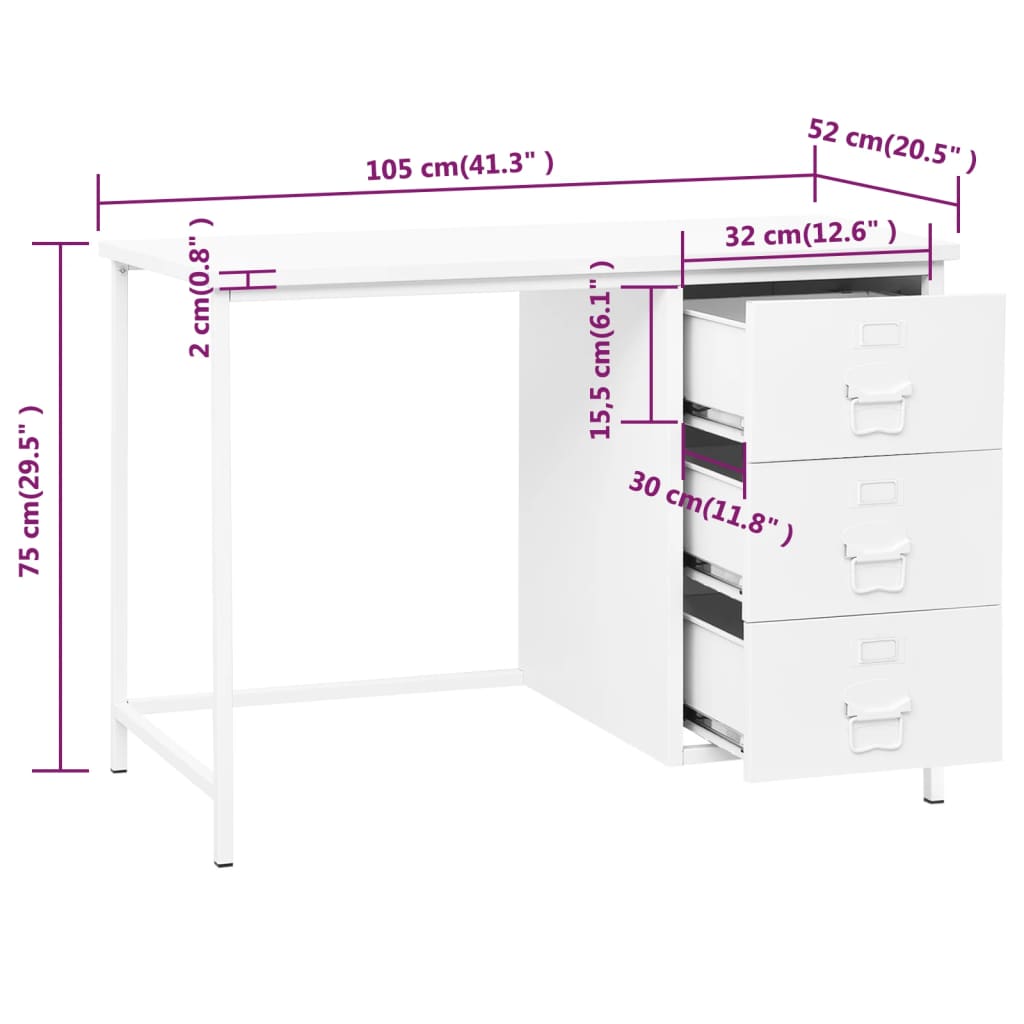 vidaXL Индустриално бюро с чекмеджета, бяло, 105x52x75 см, стомана