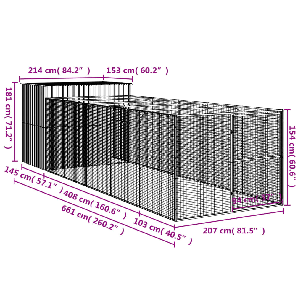 vidaXL Кучешка къща с волиера, антрацит, 214x661x181 см, стомана